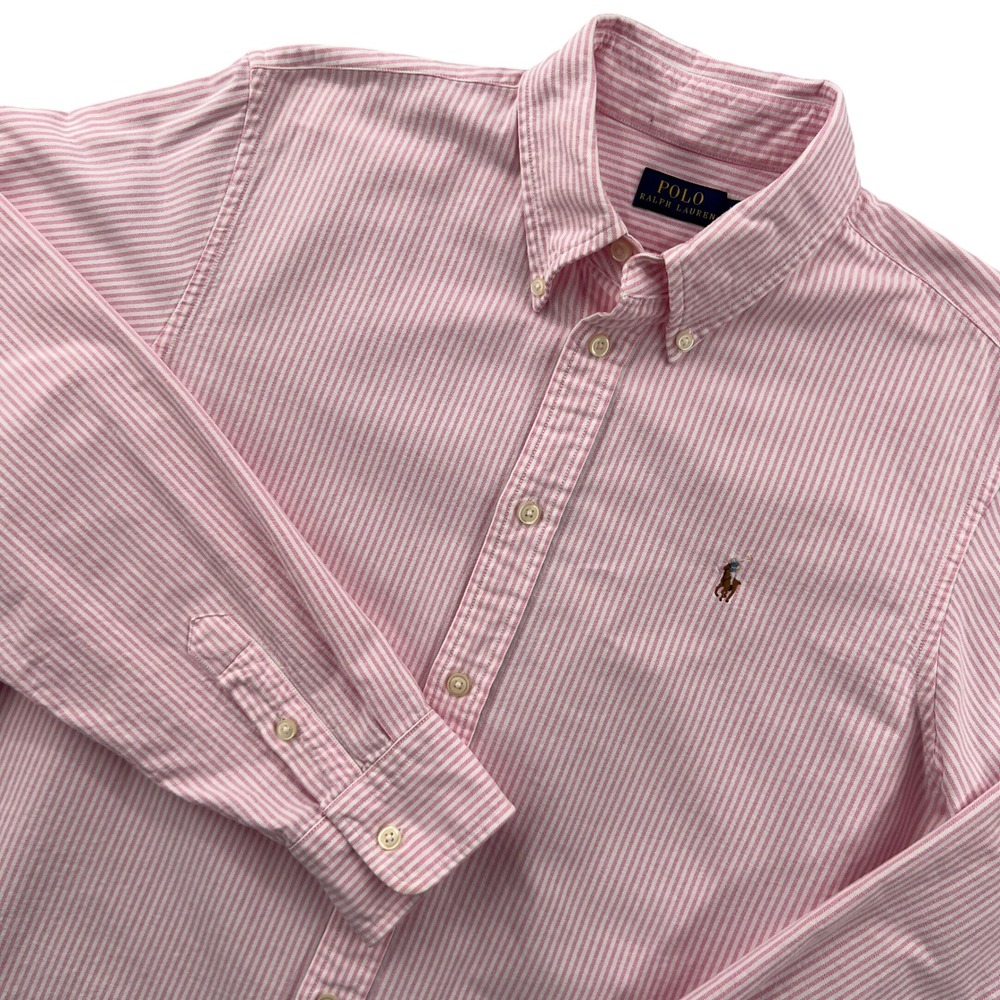 Polo Ralph Lauren Oxford Cloth Button Shirt Mens L Pink Striped OCBD Ivy Prep